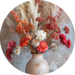 Muurcirkel gekleurd boeket droogbloemen op vaas